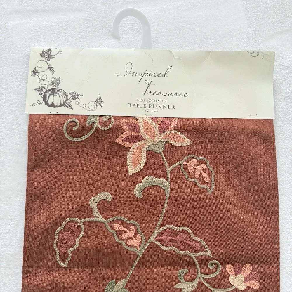 Inspired Treasures Fall Table Runner 13x72 Burnt Orange Floral Embroidered NWT